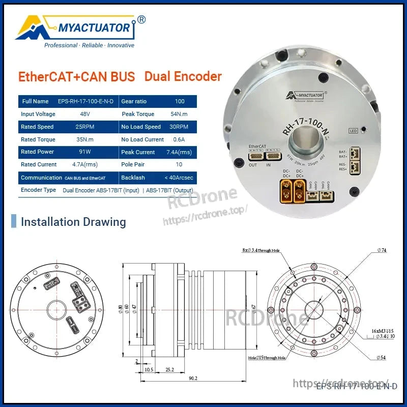 The MyActuator RH-17 motor features high torque, dual encoders, EtherCAT/CAN communication, and compact design for precise, efficient performance.
