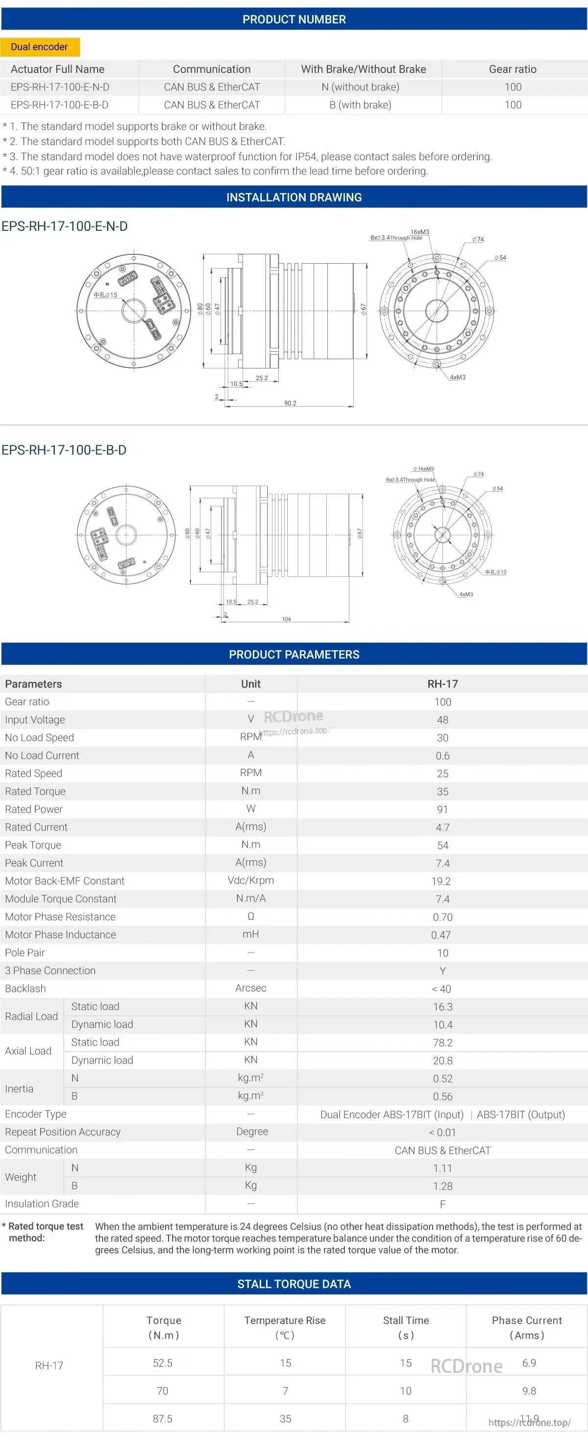MyActuator RH-17 Robot Motor, The Robot Motor RH-17 features dual encoder, CAN BUS & EtherCAT, 48V, 35 N.m torque, 91W power, 100:1 gear ratio, with/without brake, includes drawings and parameters.