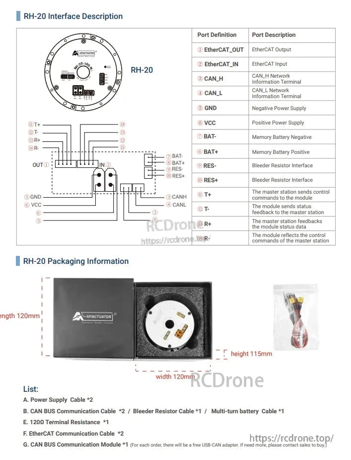 MyActuator RH-20 Harmonic Motor, The Harmonic Motor interface features EtherCAT, CAN bus, power, and battery connections, with dimensions of 120x120x115mm. It includes cables, resistors, and communication modules for setup.