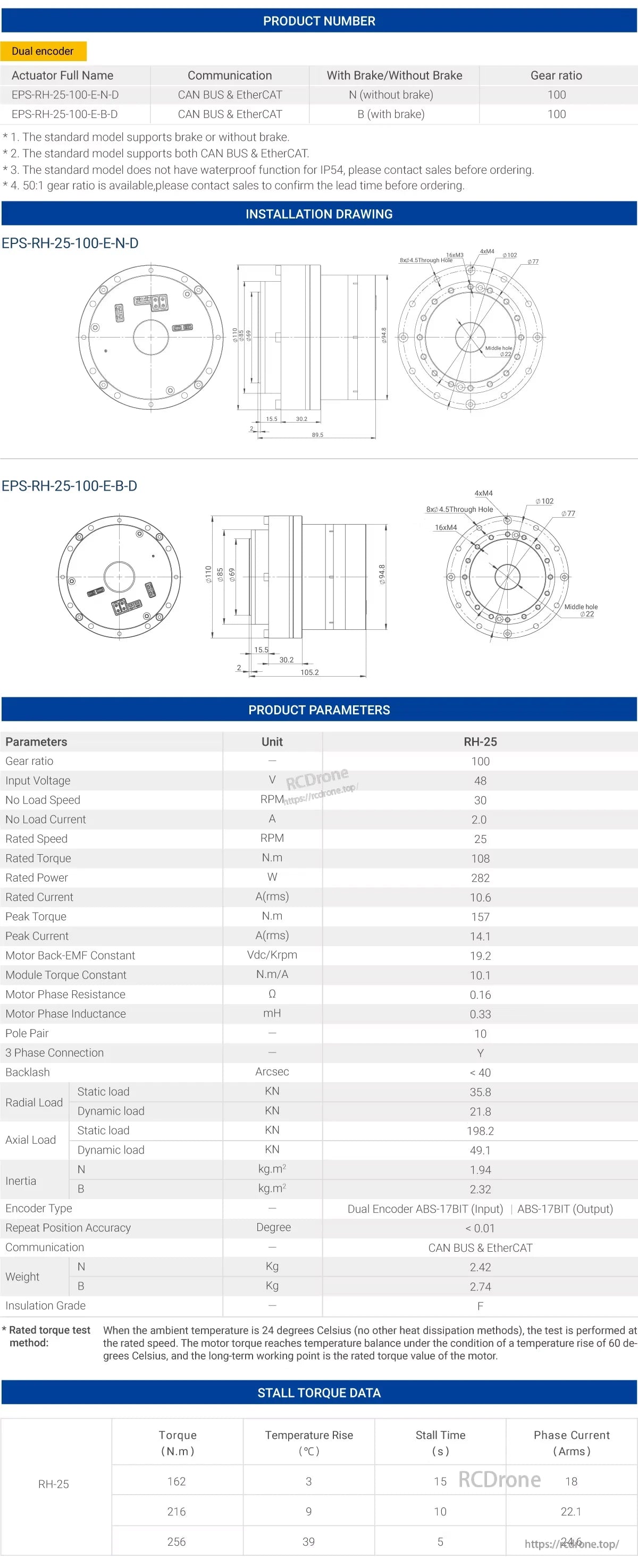 MyActuator RH-25 Robot Motor, The Robot Motor RH-25 features dual encoder, 100:1 gear ratio, CAN BUS & EtherCAT, 108 N.m rated torque, 157 N.m peak torque, 48V support, brake options, and includes installation drawings and stall torque data.