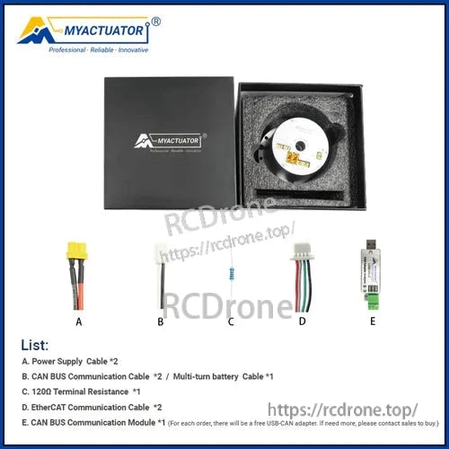 MyActuator RH-14 motor: 48V, 11Nm torque, 28Nm peak, CAN BUS/EtherCAT, dual 17-bit encoder, includes cables, resistance, CAN module, USB-CAN adapter.