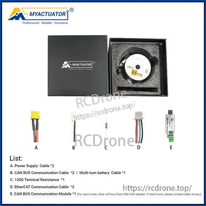 MyActuator RH-14 motor: 48V, 11Nm torque, 28Nm peak, CAN BUS/EtherCAT, dual 17-bit encoder, includes cables, resistance, CAN module, USB-CAN adapter.