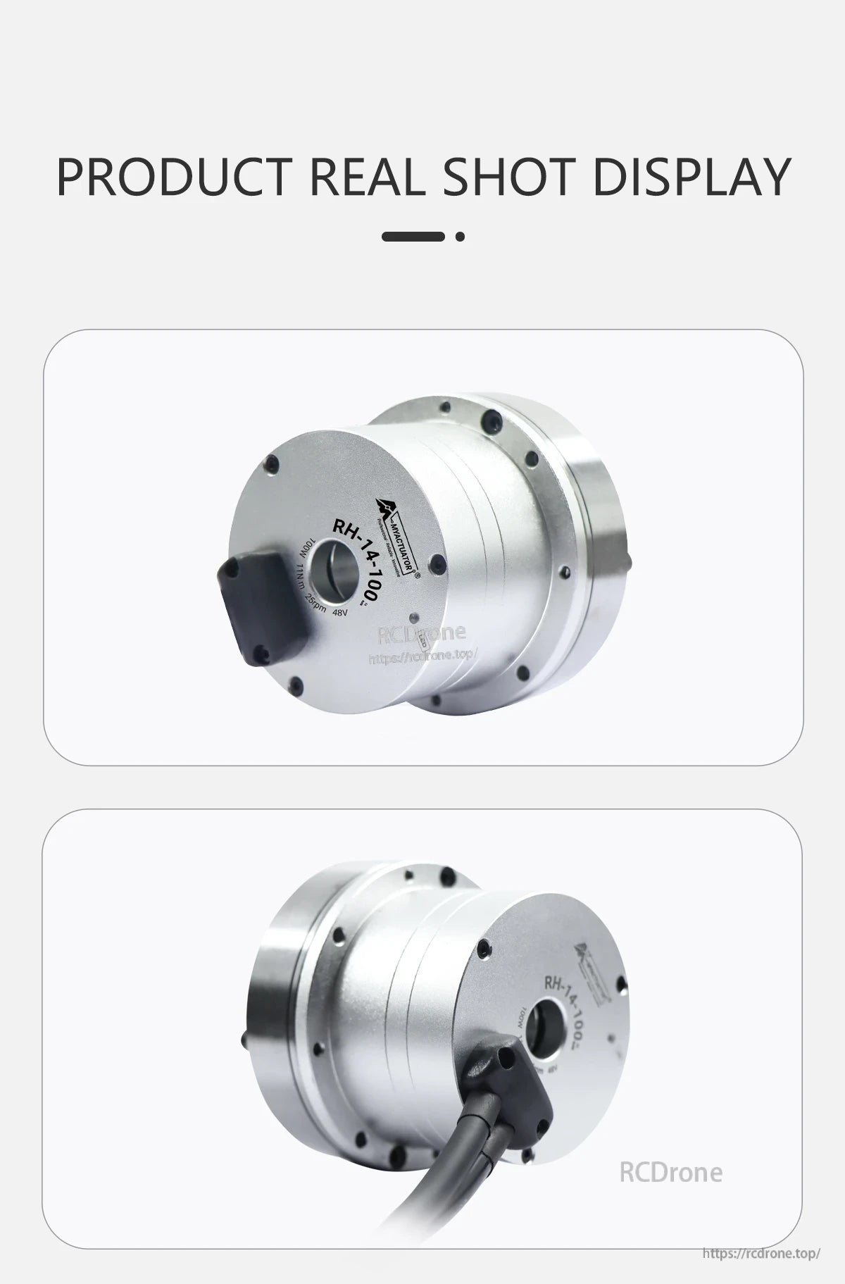 MyActuator RH-14 Motor, MyActuator RH-14-100: 100W, 11Nm, 250rpm, 48V motor with silver body, black connector, and precision design.