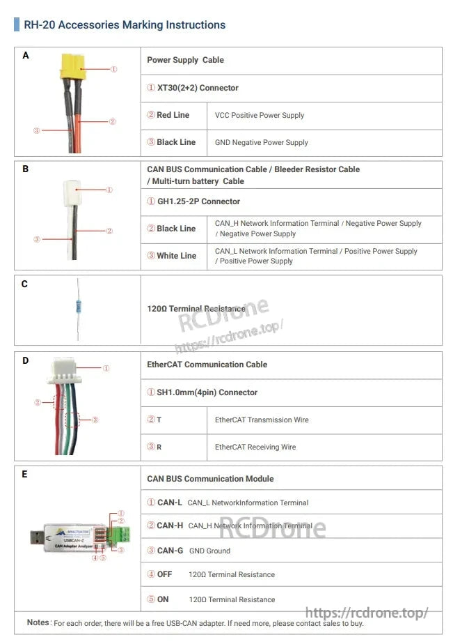 MyActuator RH-20 Harmonic Motor, RH-20 accessories include power, CAN BUS, EtherCAT cable marking instructions, communication module details, connector types, wire colors, functions, terminal resistance. Each order comes with a free USB-CAN adapter.