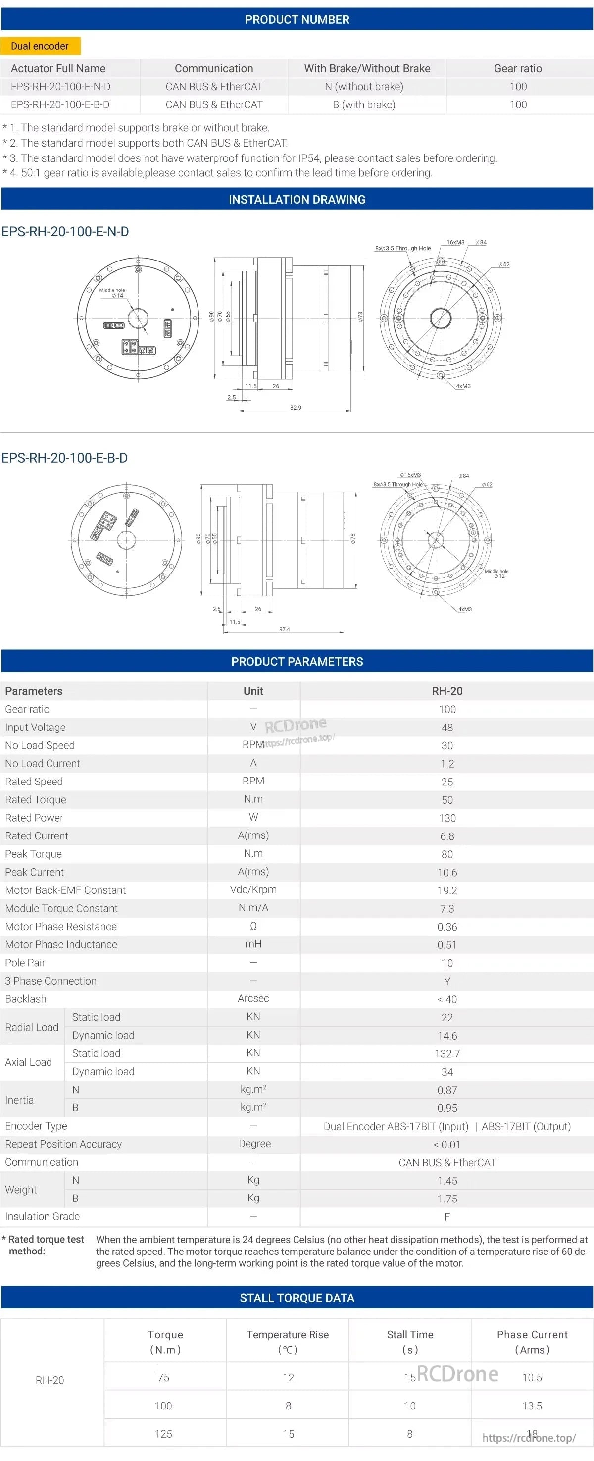 MyActuator RH-20 Harmonic Motor, The MyActuator RH-20 features dual encoders, CAN BUS/EtherCAT, 100:1 ratio, 50 N.m torque, 130 W power, IP54 rating, optional brake, with drawings and parameters.