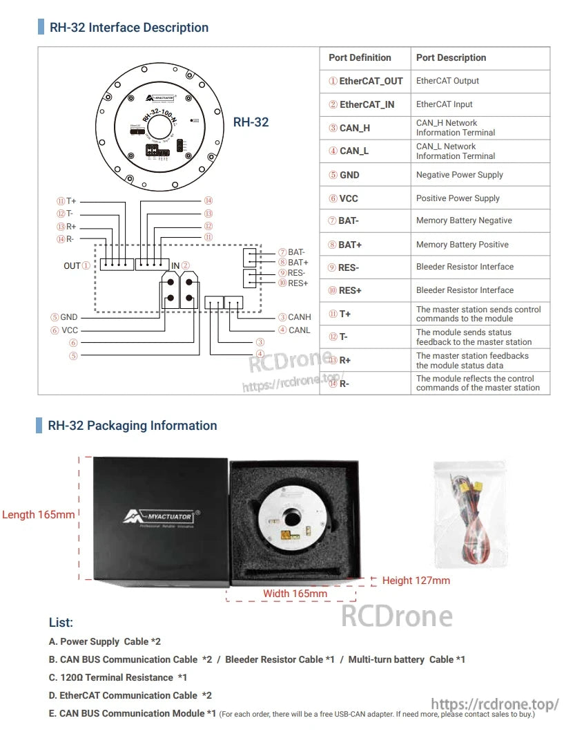 MyActuator RH-32 Robot Joint, The Robot joint RH-32 has EtherCAT and CAN interfaces, measures 165x165x127mm, and includes cables, terminal resistance, and a CAN module.