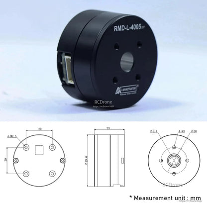 MyActuator RMD-L-4005-25T: 12V-24V, 100W brushless DC servo motor with 18-bit encoder, ideal for gimbals, drones, and robotics.