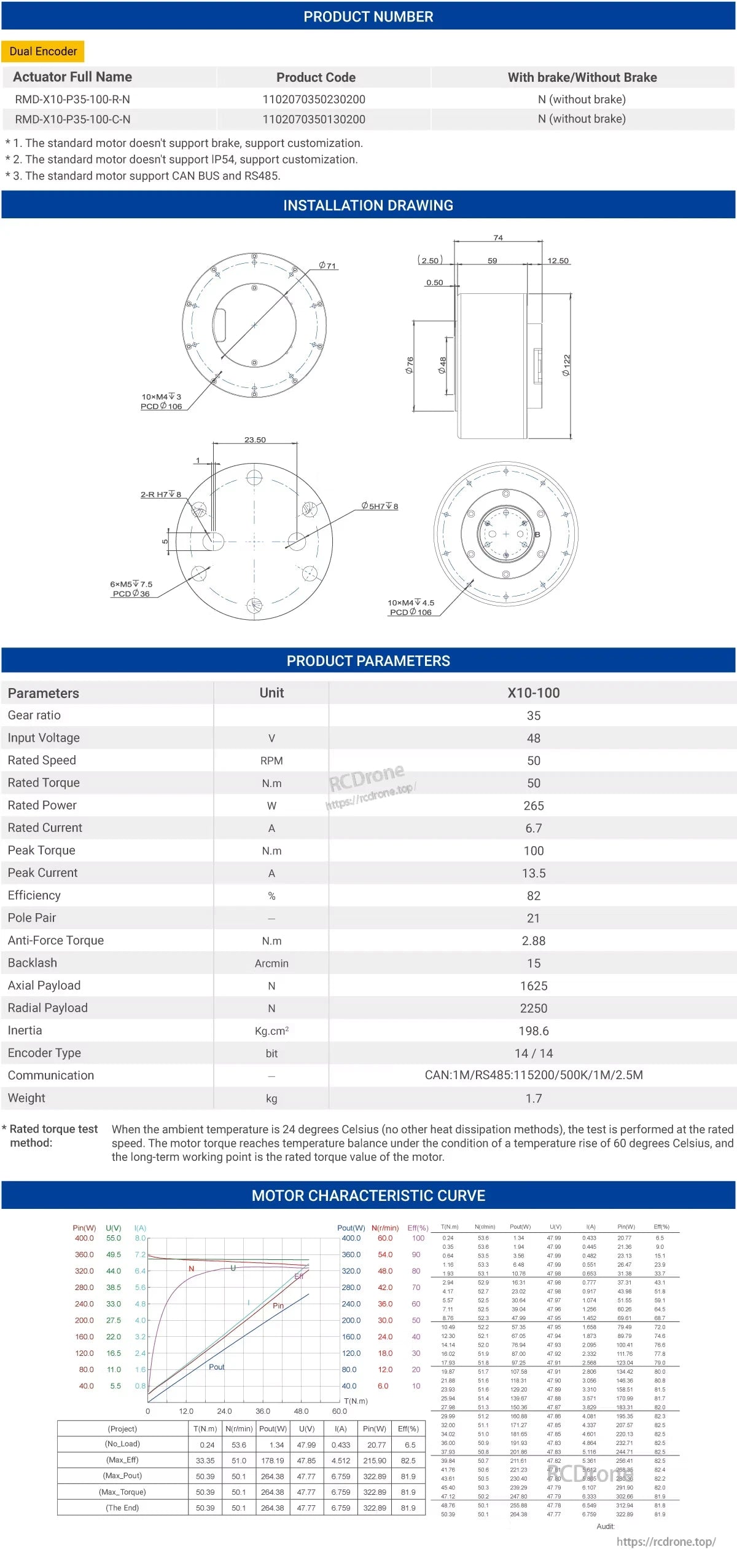 MyActuator RMD-X10-100 Servo Actuator, The RMD-X10-100 servo actuator features a 35:1 gear ratio, 48V input, 50 RPM, 50 N.m torque, CAN/RS485 communication, and a 1.7kg weight.