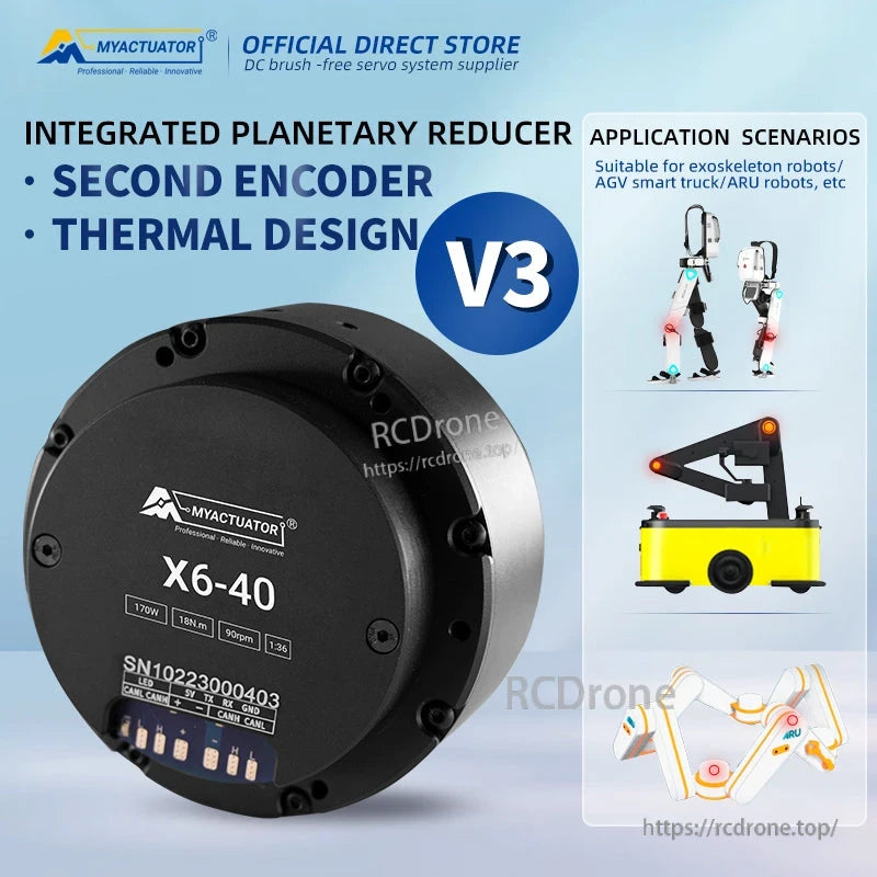 MyActuator X6-40 Servo, The Actuator X6-40 V3 servo features a planetary reducer, dual encoder, thermal design, 170W power, 18N.m torque, 90rpm speed, 1:36 ratio, suitable for exoskeletons, AGVs, ARUs, with CAN bus and LED indicators.