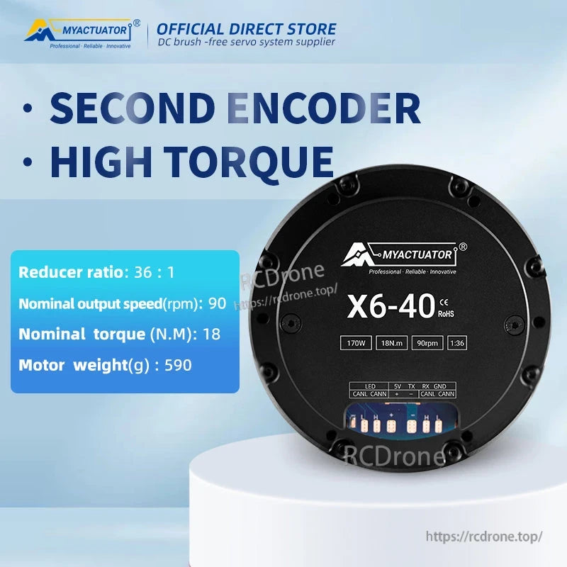 MyActuator X6-40 servo features high torque, 36:1 reduction, 90 RPM, 18 N.m, 590g, 170W power, 136 resolution, CE/RoHS certified.