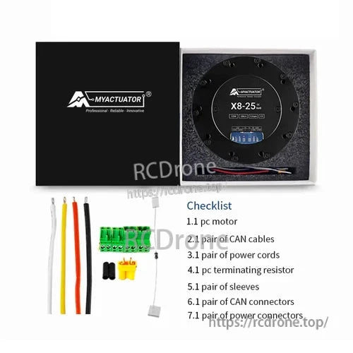The MyActuator X8-25 V2 Planetary Servo includes motor, CAN cables, power cords, resistor, sleeves, connectors, and power connectors.