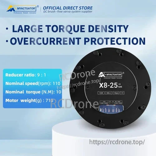 MyActuator X8-25 V2 Planetary Servo, Planetary Servo MyActuator X8-25 V2: High torque density, overcurrent protection. Specs: 9:1 ratio, 110 rpm, 10 N.M torque, 710g weight. DC brushless system.