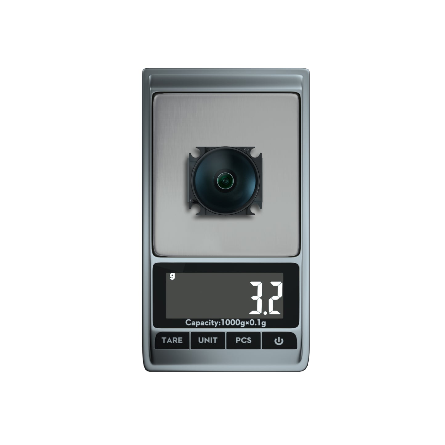 Flywoo Naked O3 camera lens module on a digital scale showing 3.2 g weight reading
