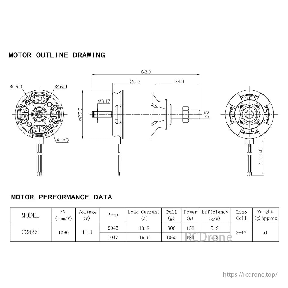 NEEBRC Outrunner FPV Motor, NEEBRC C2826 motor specs: 1290KV, 11.1V, 51g. 9045 prop: 13.8A, 800g pull, 153W, 5.2g/W. 1047 prop: 16.6A, 1065g pull, 184W, 5.8g/W.