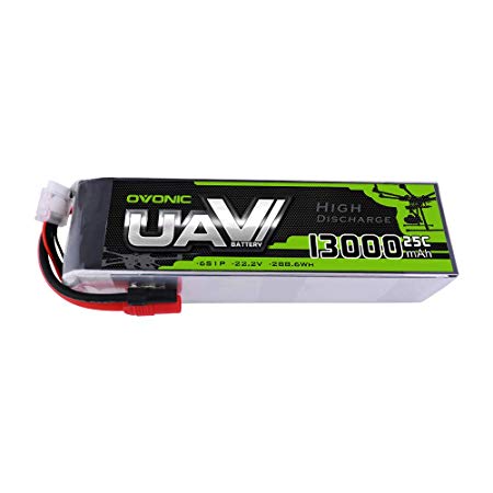 Ovonic 22.2V 25C 6S 13000mAh LiPo Battery pack, side view with leads and balance connector