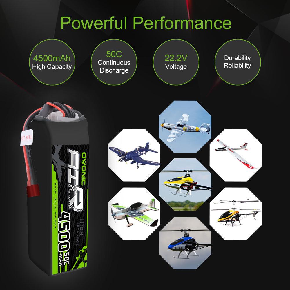 Performance infographic for 4500mAh 50C 22.2V LiPo battery with RC plane and helicopter use icons