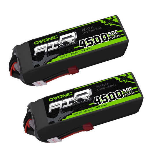 Ovonic AIR 2-Pack 6S LiPo Battery 4500mAh 50C 22.2V with Deans plug, two batteries shown