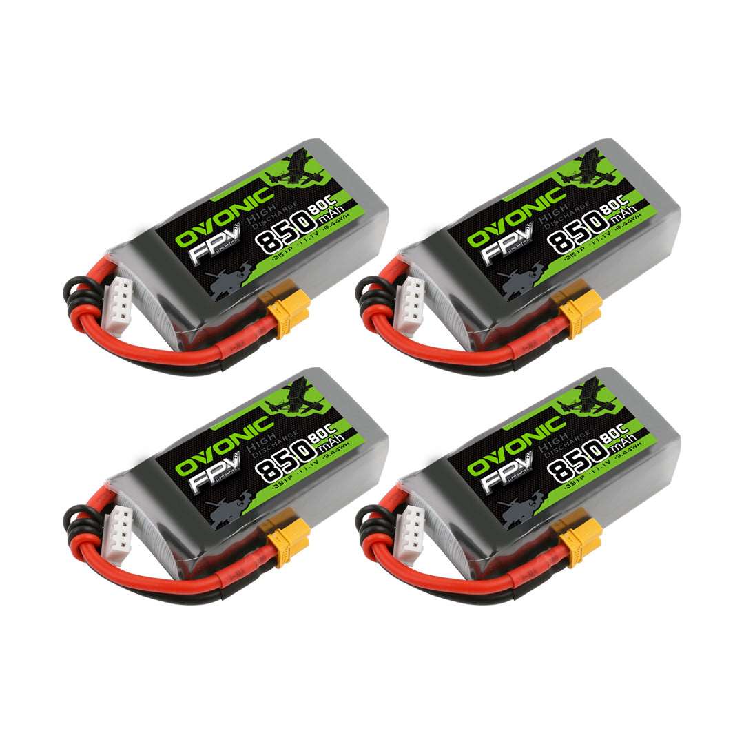 4x Ovonic 3S 11.1V 850mAh 80C LiPo battery pack set with XT30 plug and balance connector