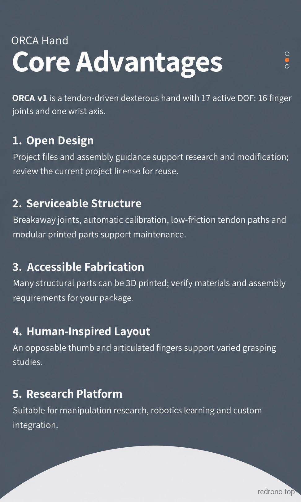 ORCA Hand v1 core design advantages and serviceability