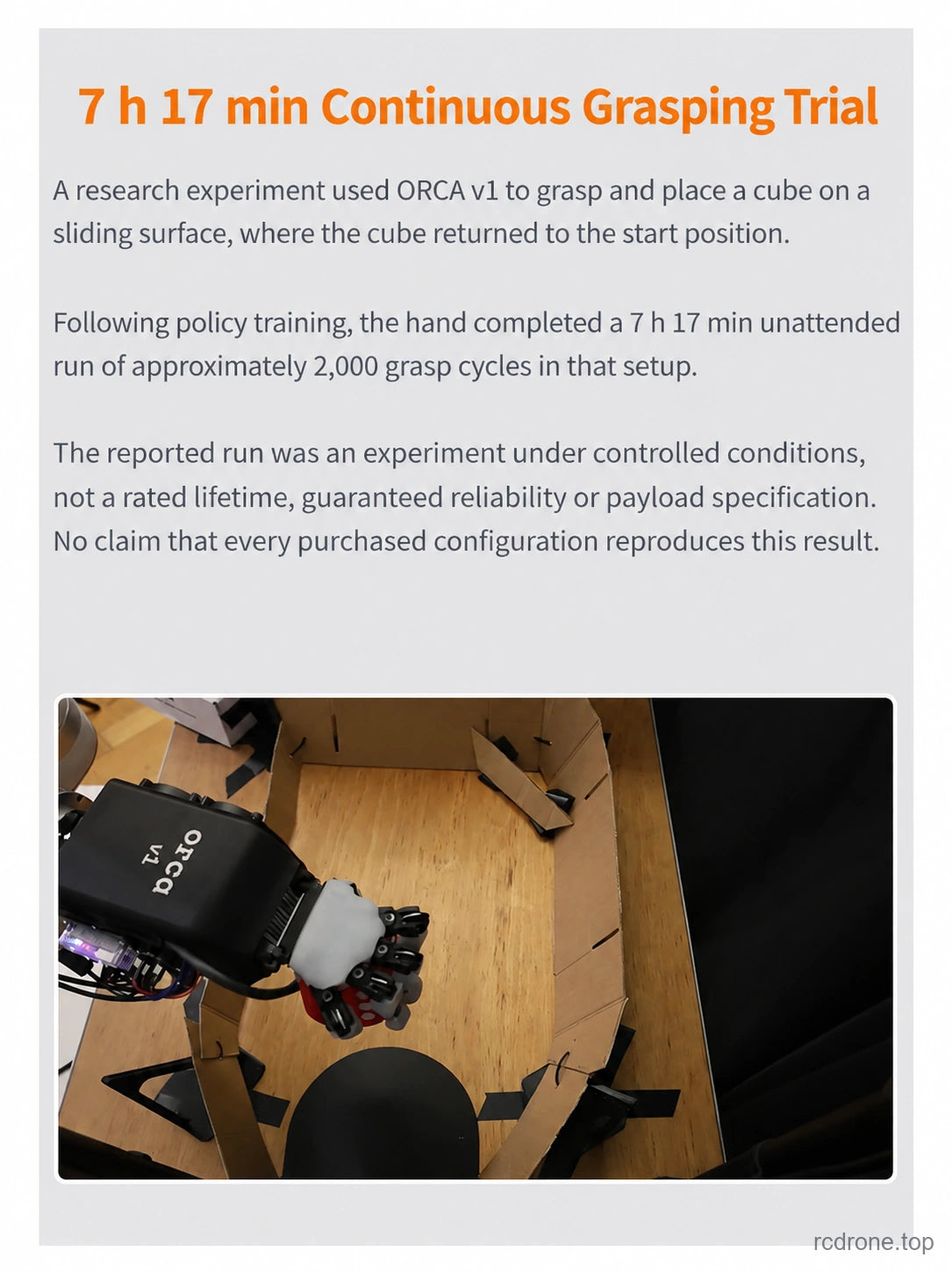ORCA Hand research demonstration: 7 hours 17 minutes, approximately 2000 grasp cycles