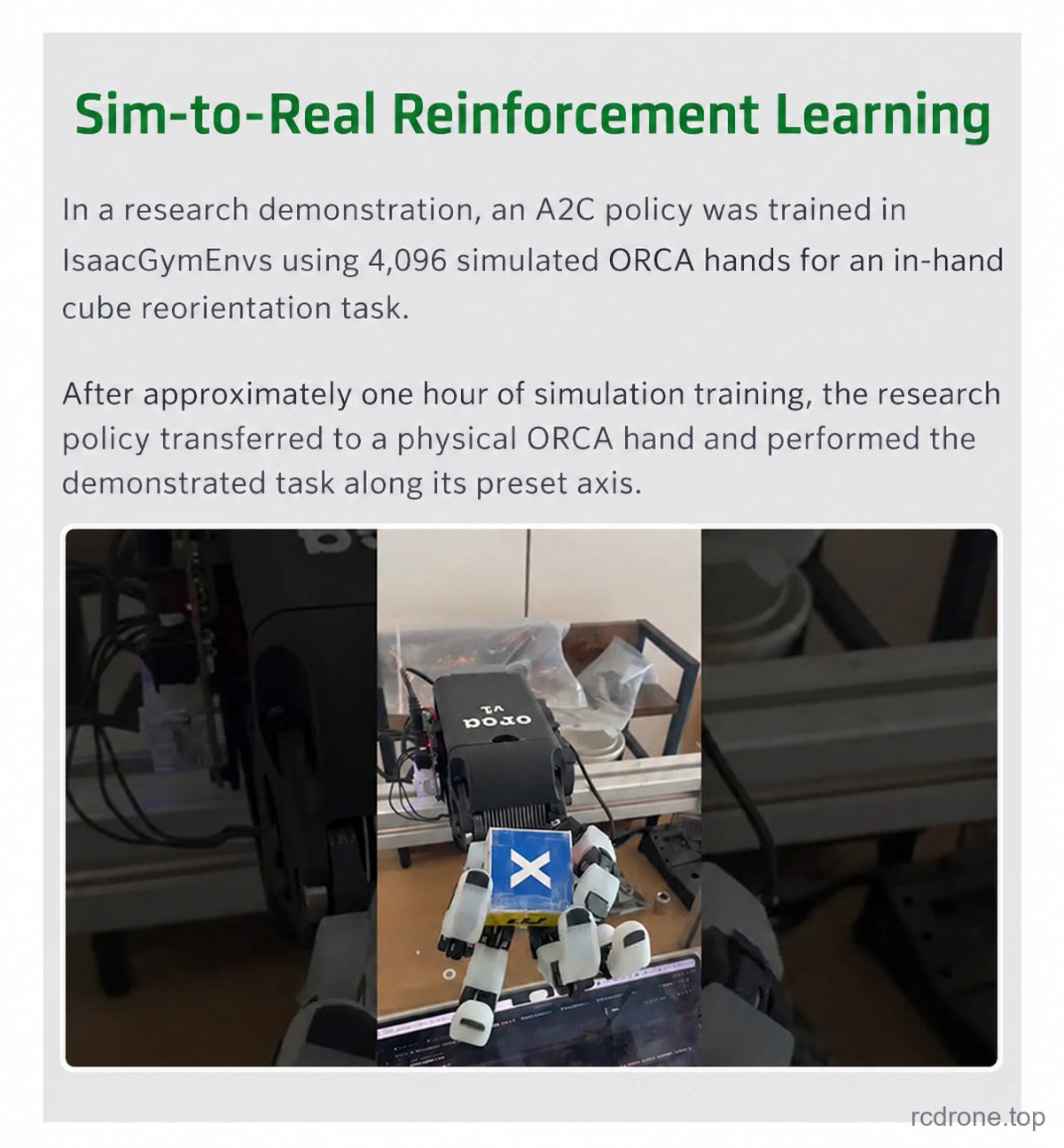 ORCA Hand sim-to-real A2C research demonstration with 4096 simulated hands
