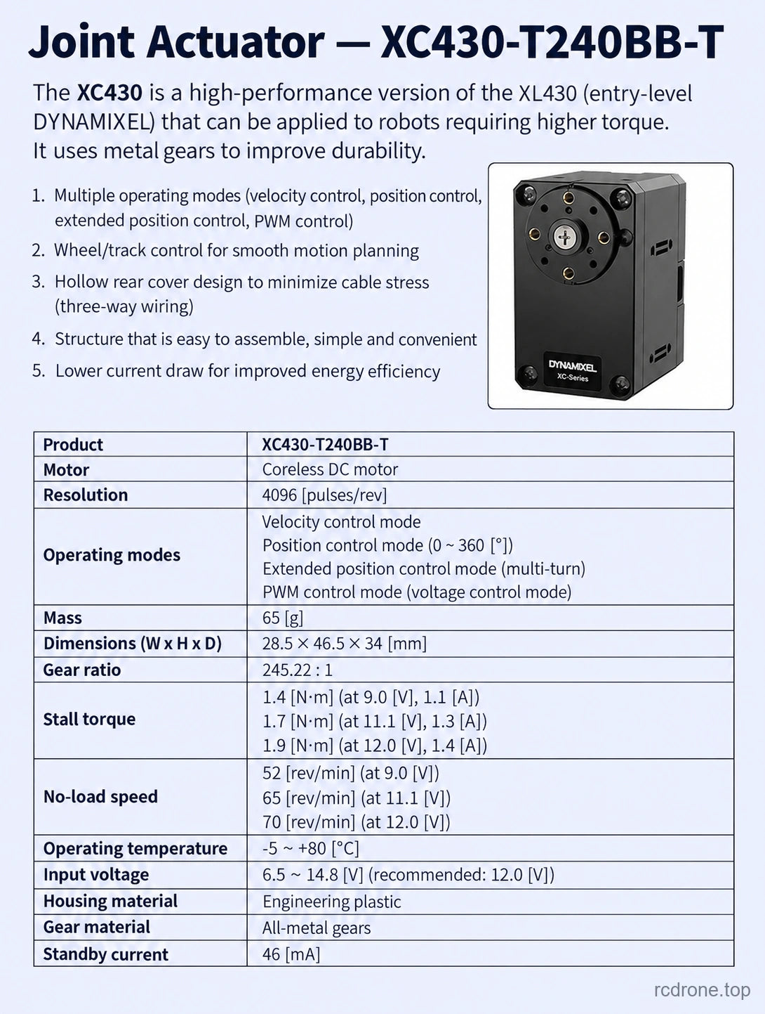 XC430-T240BB-T actuator photo and engineering specification table