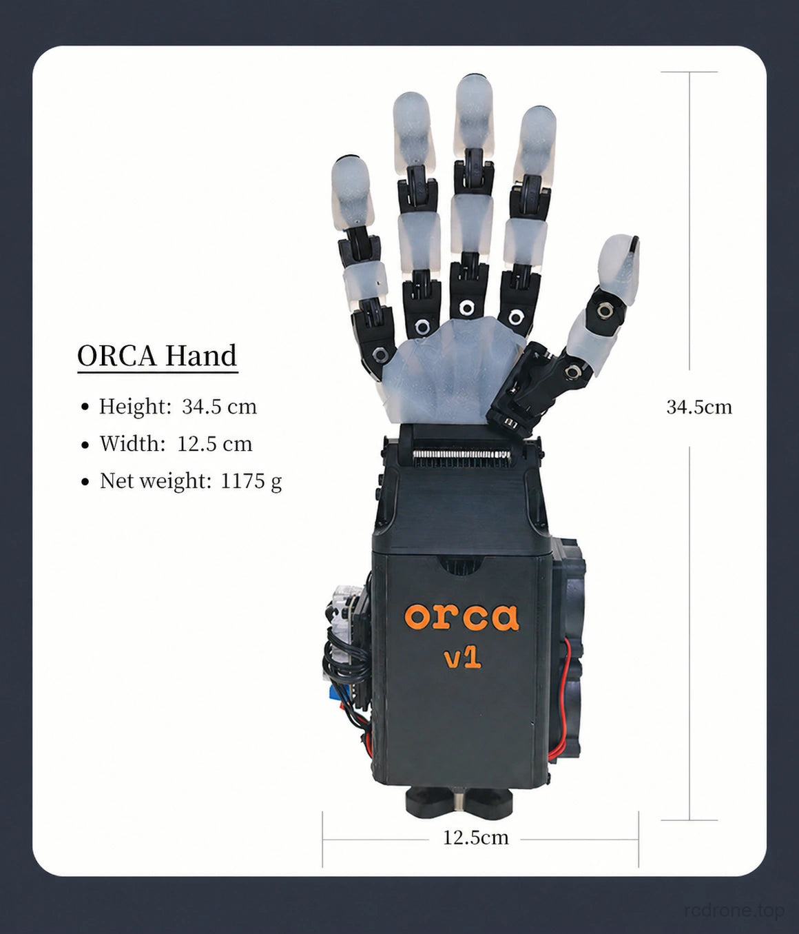 ORCA Hand v1 dimensions: 34.5 cm high, 12.5 cm wide, 1175 g net mass