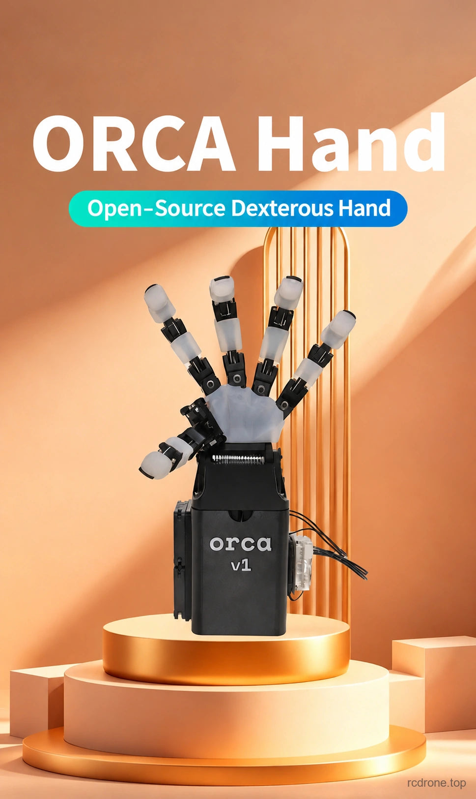 ORCA Hand v1 displayed on a warm orange podium