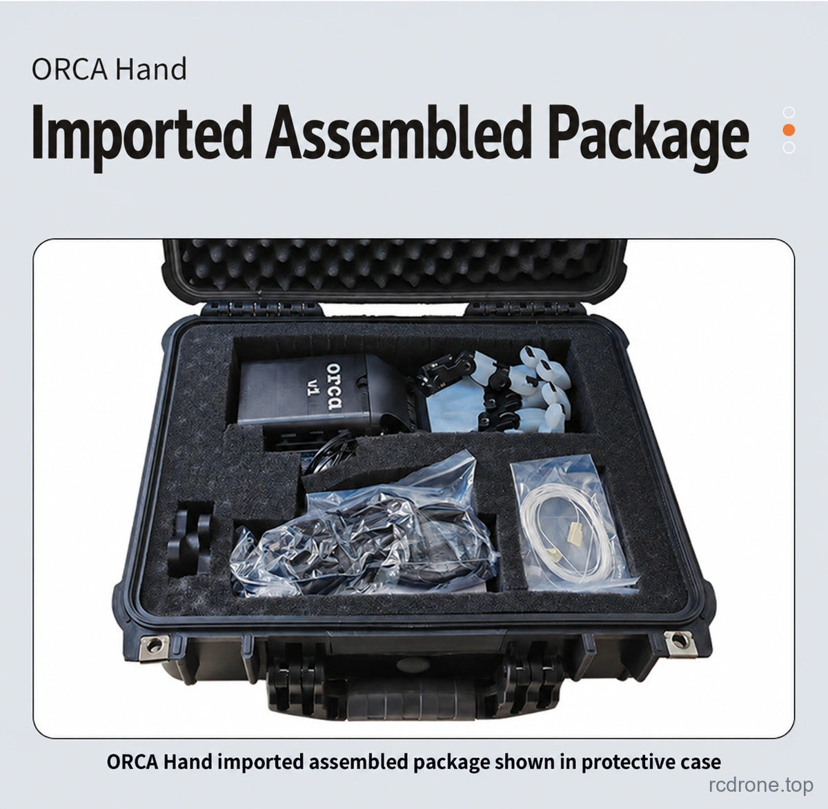Imported assembled ORCA Hand package shown in protective case