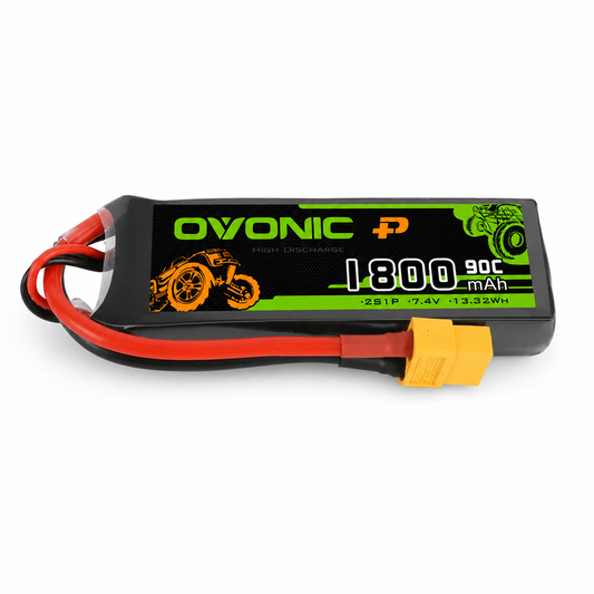OVONIC 2S 7.4V 1800mAh 90C LiPo Battery for RC Cars on white background
