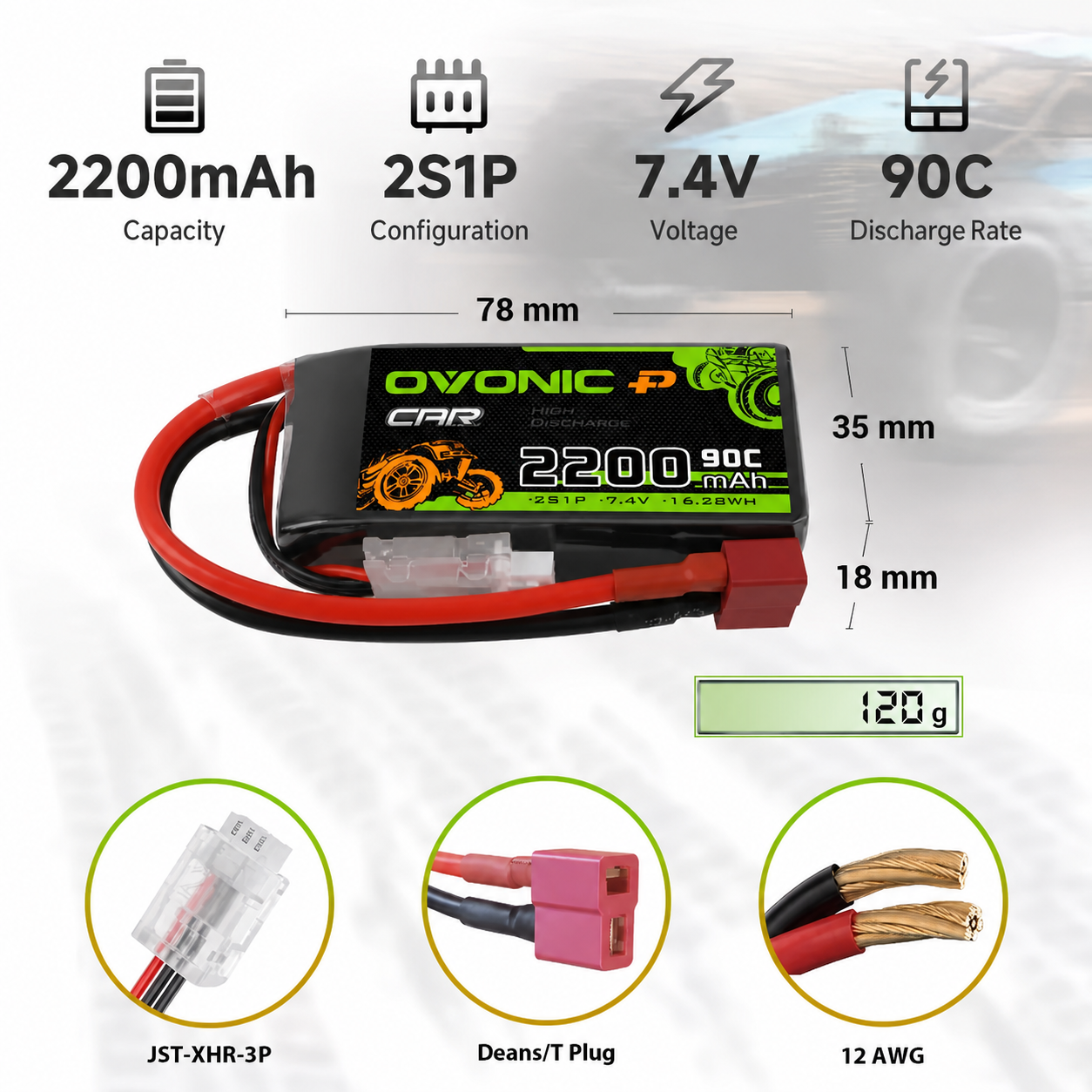 OVONIC 2S 7.4V 2200mAh 90C LiPo Battery for RC Cars specifications and connector options
