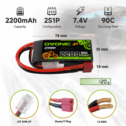 OVONIC 2S 7.4V 2200mAh 90C LiPo Battery for RC Cars specifications and connector options