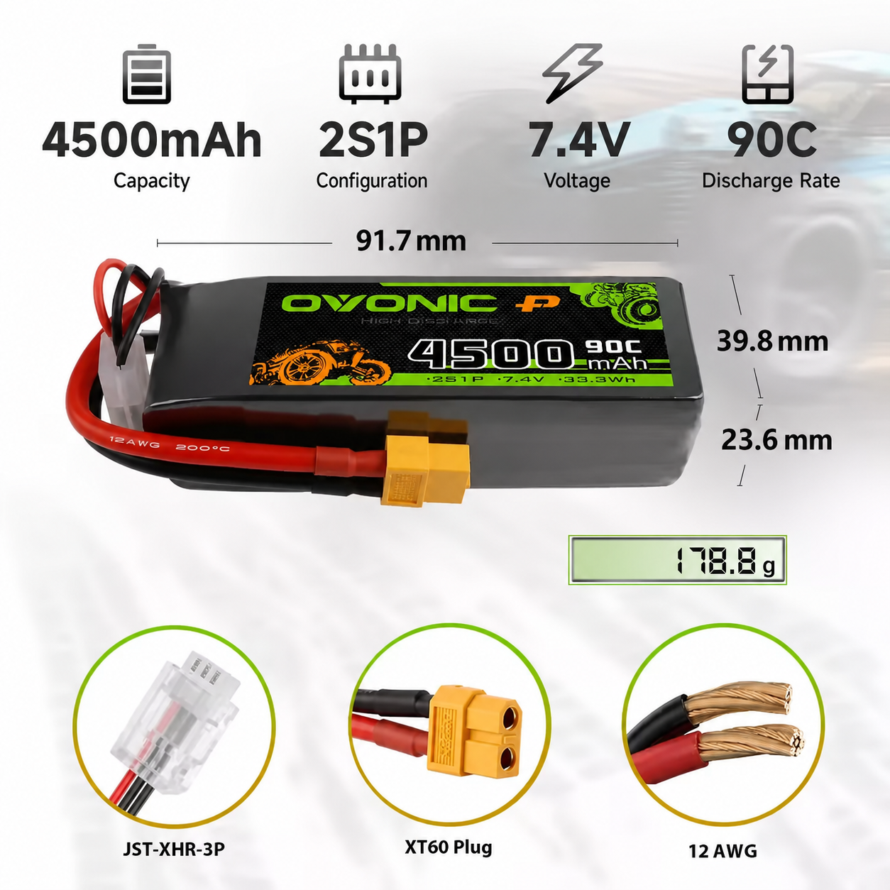 OVONIC 2S 7.4V 4500mAh 90C LiPo Battery for RC Cars specifications and connector options
