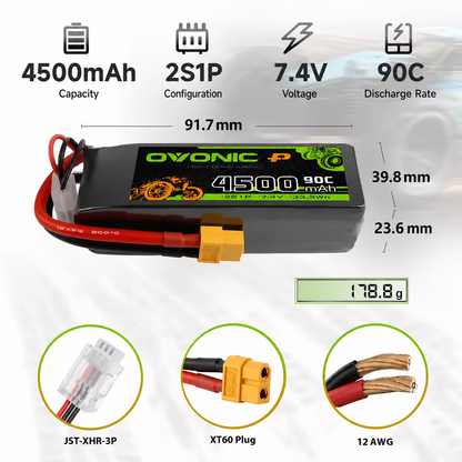 OVONIC 2S 7.4V 4500mAh 90C LiPo Battery for RC Cars specifications and connector options