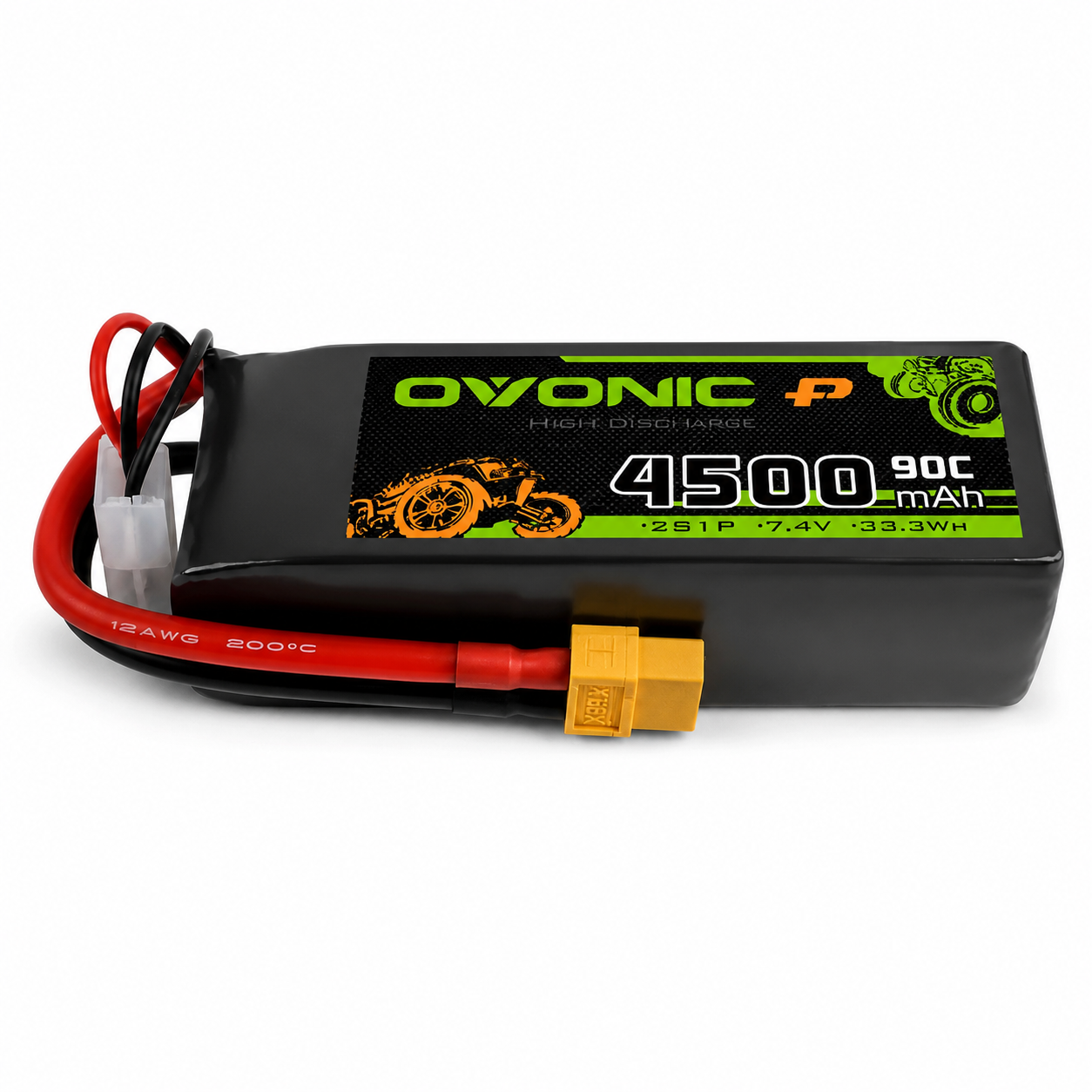 OVONIC 2S 7.4V 4500mAh 90C LiPo Battery for RC Cars on white background