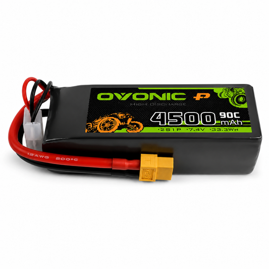 OVONIC 2S 7.4V 4500mAh 90C LiPo Battery for RC Cars on white background