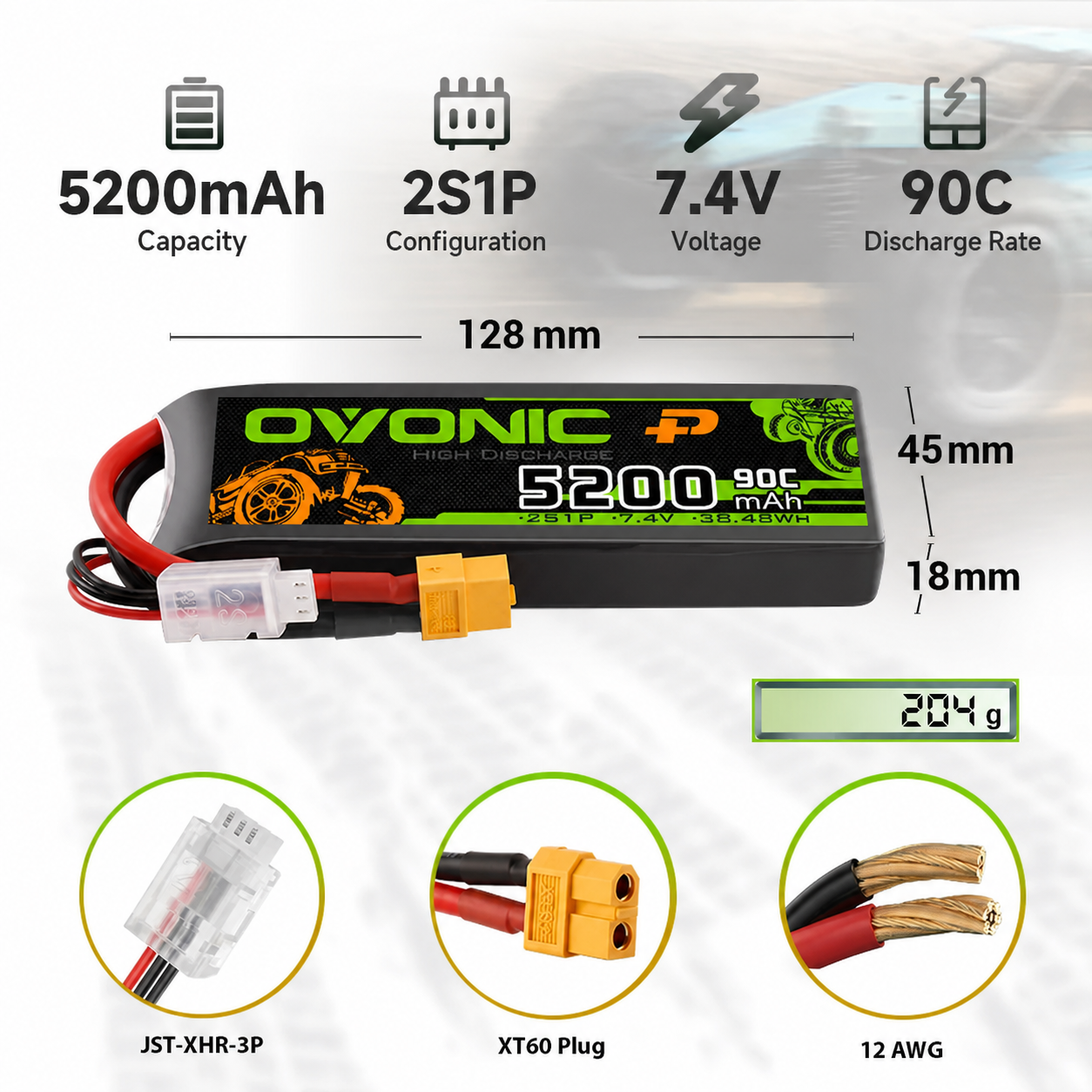 OVONIC 2S 7.4V 5200mAh 90C LiPo Battery for RC Cars specifications and connector options