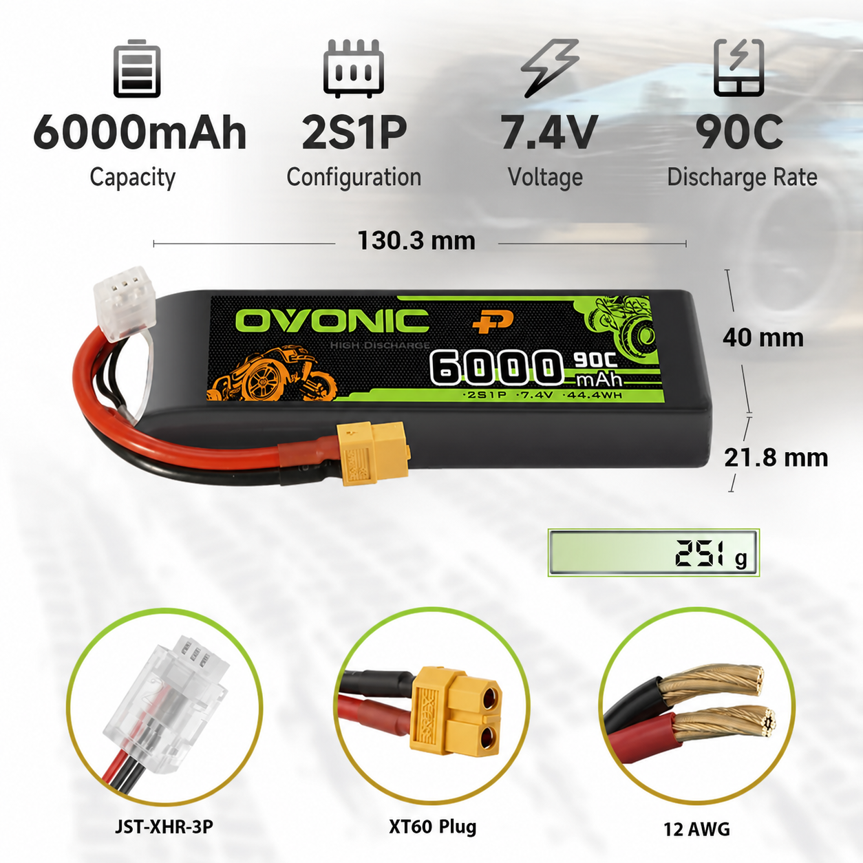 OVONIC 2S 7.4V 6000mAh 90C LiPo Battery for RC Cars specifications and connector options