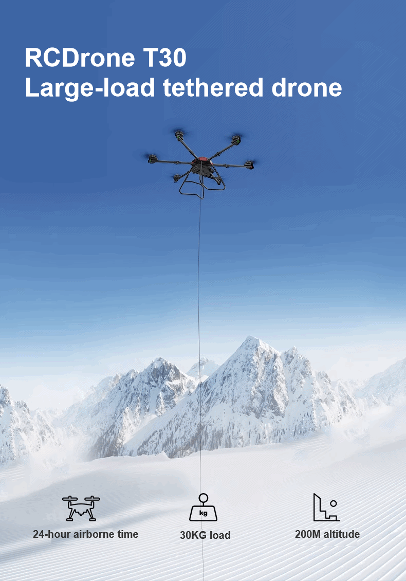 RCDrone, Tethered drone capable of carrying heavy loads & flying for 24 hours at 200m altitude.