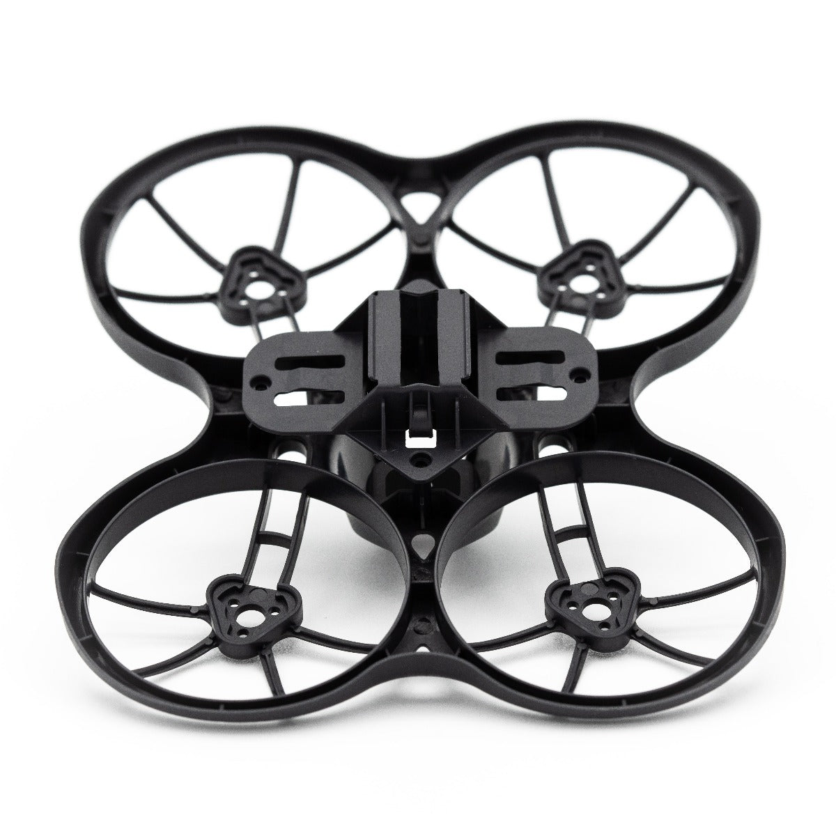Underside view of 75mm ducted whoop frame showing battery/mounting plate area and motor mounts