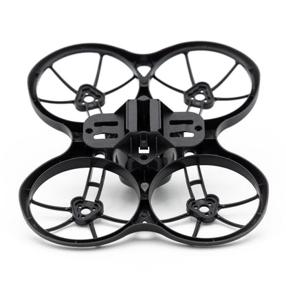 Underside view of 75mm ducted whoop frame showing battery/mounting plate area and motor mounts