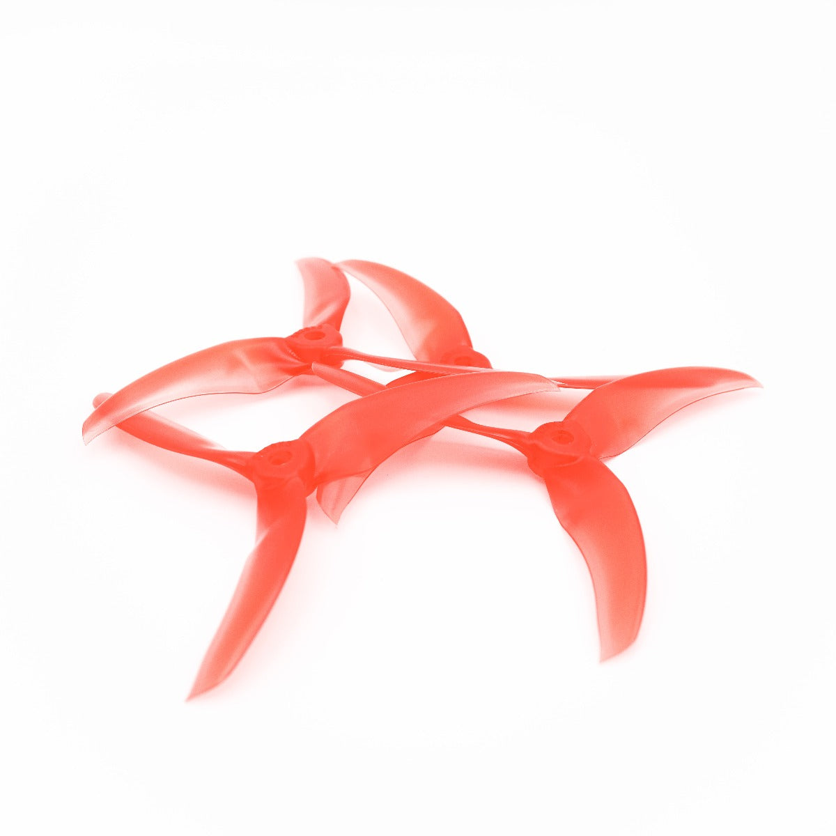 Two pairs of red 3-blade FPV drone propellers stacked, 2CW + 2CCW set