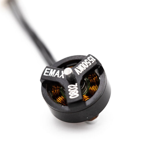 EMAX 0802 15500KV brushless motor top view, black micro outrunner with 0802 marking and lead wire