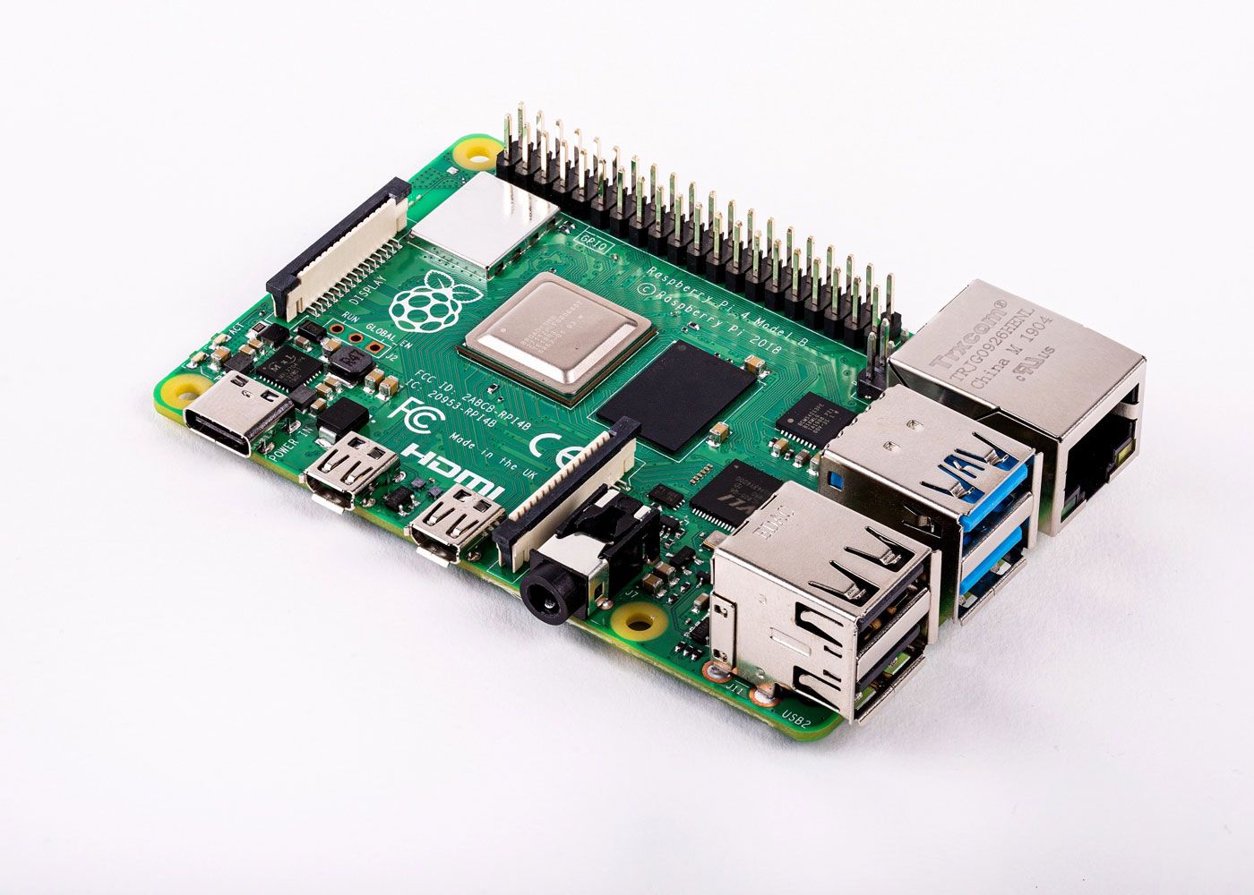 Raspberry Pi 4 Model B: 1GB RAM, 1.5GHz quad-core, dual micro-HDMI, Gigabit Ethernet, USB 3.0, Wi-Fi, Bluetooth 5.0, UK-made.
