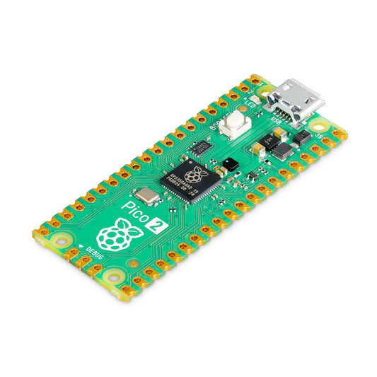 Raspberry Pi Pico 2 features RP2350 dual-core, 520KB SRAM, 4MB flash, 26 GPIO, USB, debug, LED, boot select, operates at 1.8–5.5V.