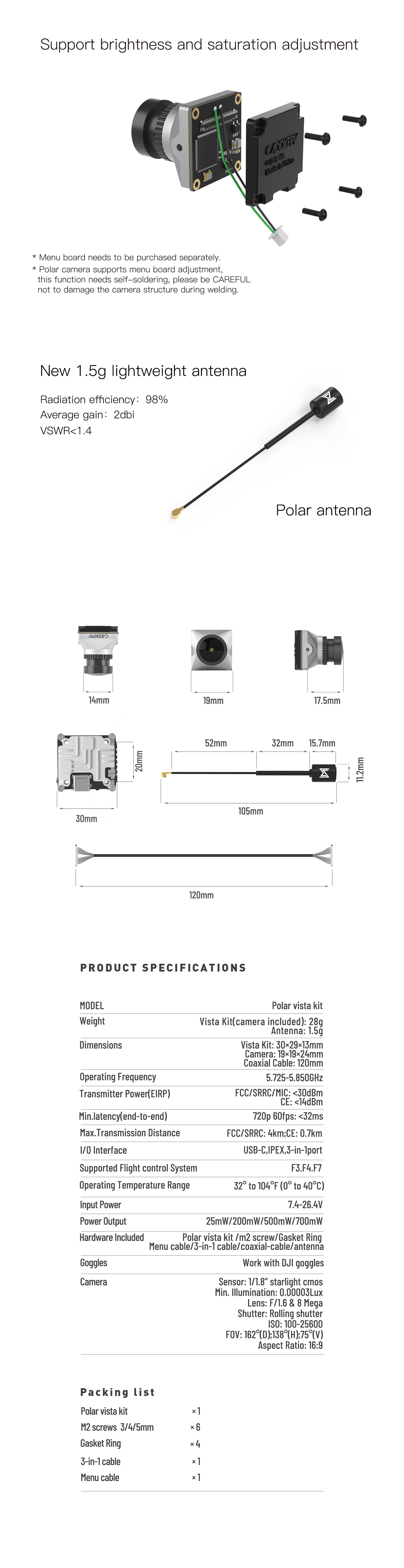 CADDXFPV Polar Starlight Vista Kit 8 Polar camera supports brightness and saturation adjustment; this function needs self-soldering . Polar