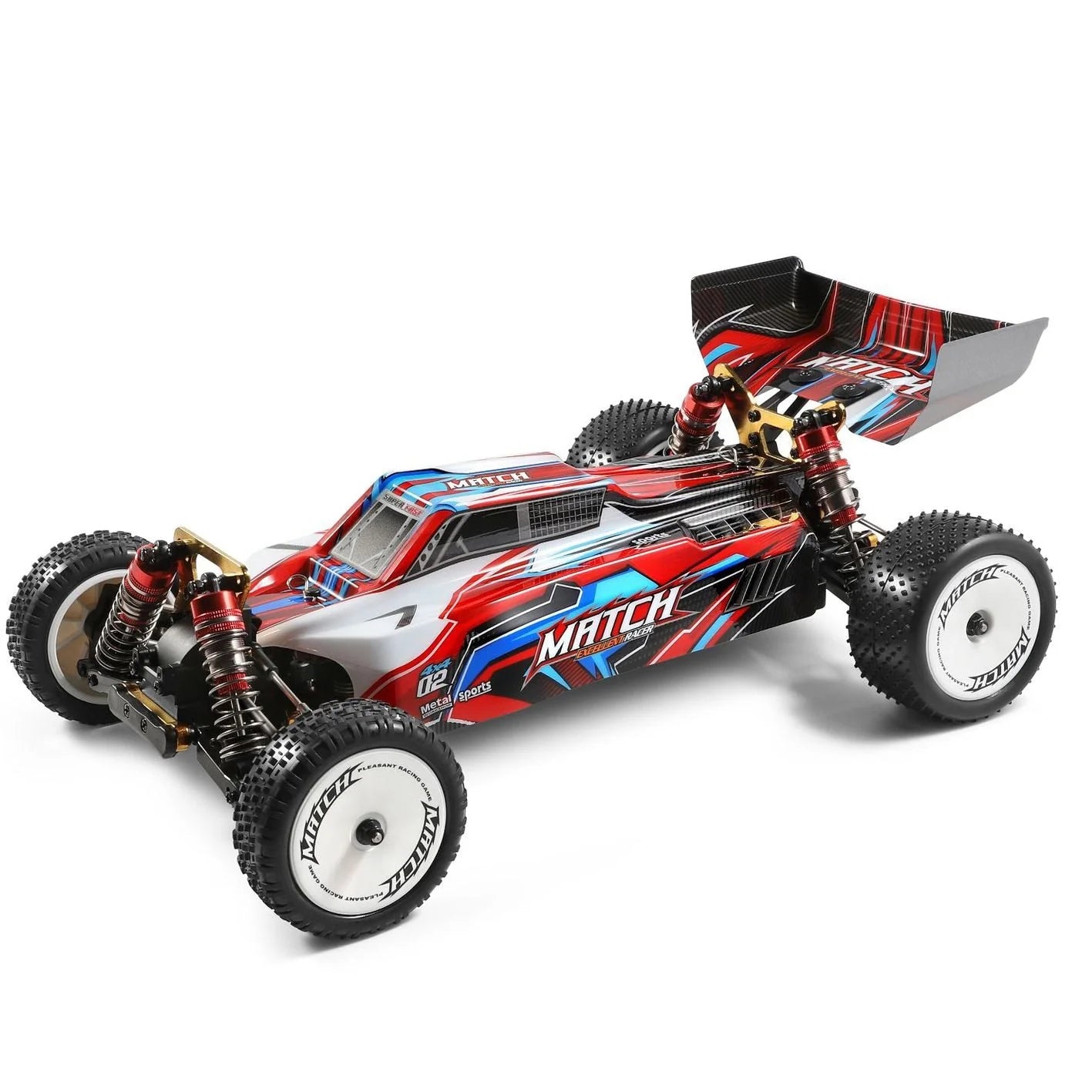 Wltoys 104001 RC Car, MATCH 4x4 Metal Sports 1/10 Scale 4WD RC Buggy features an alloy chassis and a 550 motor.