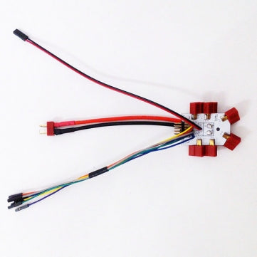 6 axis hexacopter power distribution board with wiring harness and red battery connector, top view