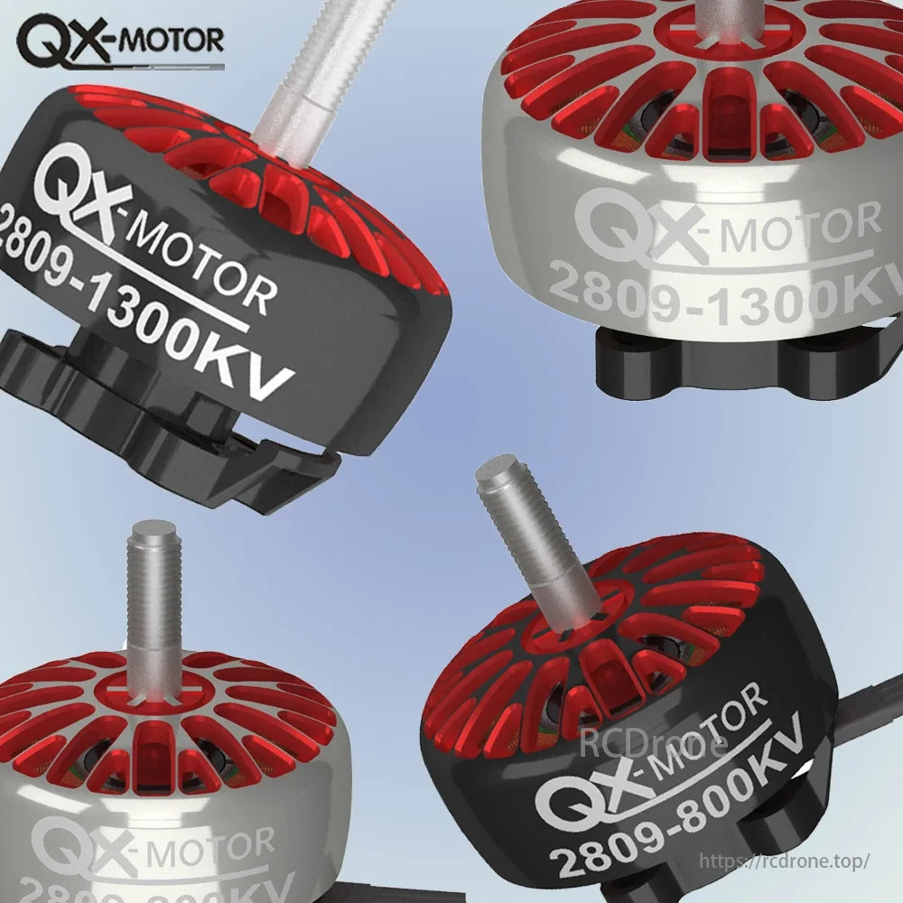 QX-MOTOR 2809 series motors (1300KV and 800KV) feature red cooling fins and silver shafts for improved performance and aesthetics.