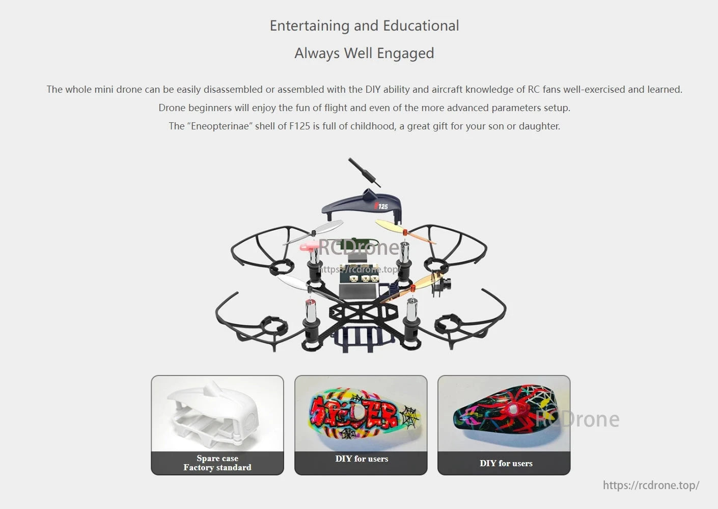 The RadioLink F125 Micro FPV Racing Drone is fun and educational, ideal for beginners and experts. It features a charming design, easy assembly, and customization options.